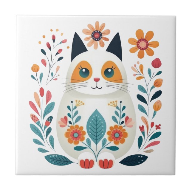Hygge White Flower Cat Scandinavian Folk Art Kakelplatta (Framsidan)