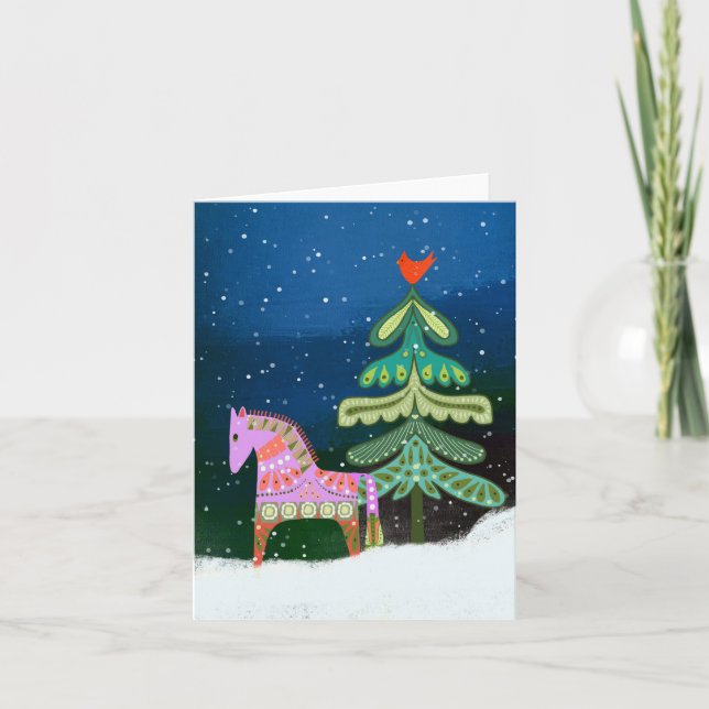 Hygge Winter Horse and Träd BLANK Greeting Card Tack Kort (Framsida)