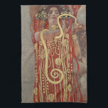 Hygieia av Gustav Klimt, Vintage Art nouveau Kökshandduk<br><div class="desc">Hygieia (c. 1901) av Gustav Klimt är en vintage av Viktorian Era Symbolism-målning med den grekiska gudinnan av hygien, hälsa, renlighet och sanitet tillsammans med den asculapiska ormen runt hennes arm och kopp av Lethe i hennes hand. Hygieia är en del av en av tre målningar som kallades "Faculty Paintings"...</div>