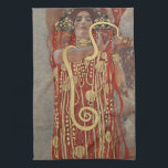 Hygieia av Gustav Klimt, Vintage Art nouveau Kökshandduk<br><div class="desc">Hygieia (c. 1901) av Gustav Klimt är en vintage av Viktorian Era Symbolism-målning med den grekiska gudinnan av hygien, hälsa, renlighet och sanitet tillsammans med den asculapiska ormen runt hennes arm och kopp av Lethe i hennes hand. Hygieia är en del av en av tre målningar som kallades "Faculty Paintings"...</div>