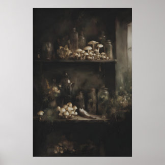 Hyllor Fyllda Med Svamp Och Antika Flaskor Poster