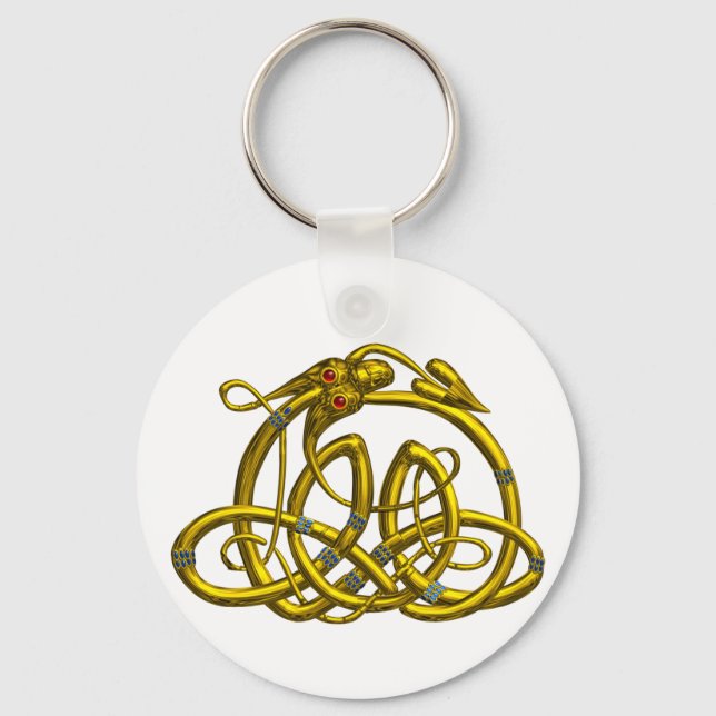 HYPER DRAGON Guld Celtic knos in White Keychain Nyckelring (Framsida)