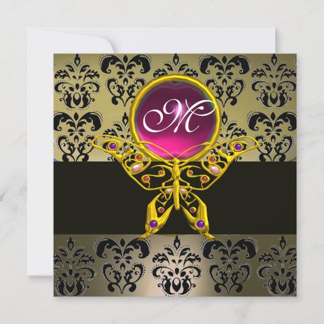 HYPER FJÄRIL MONOGRAM, grå damast rosa rubinröd Inbjudningar (Framsida)