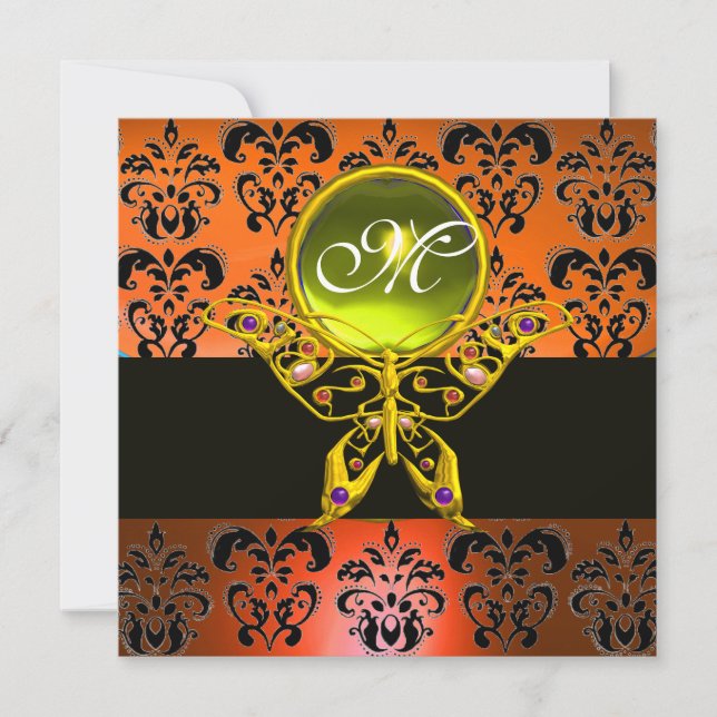 HYPER FJÄRIL MONOGRAM, orange damast, gul ädelsten Inbjudningar (Framsida)