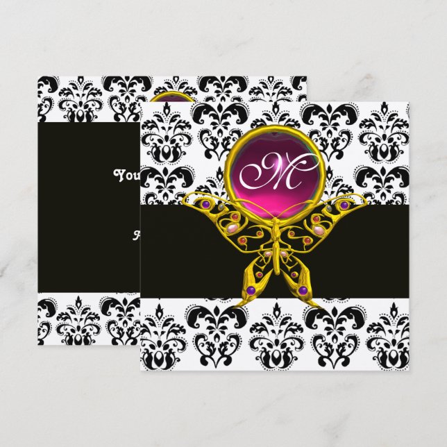 HYPER FJÄRIL MONOGRAM, svart vit damast, rosa Inbjudningar (Fram/baksida)