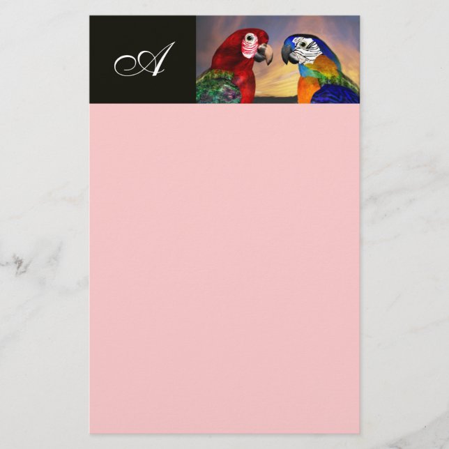 HYPER PAPAGAJER / RÖD OCH BLÅ ARA  MONOGRAM rosa Brevpapper (Framsida)
