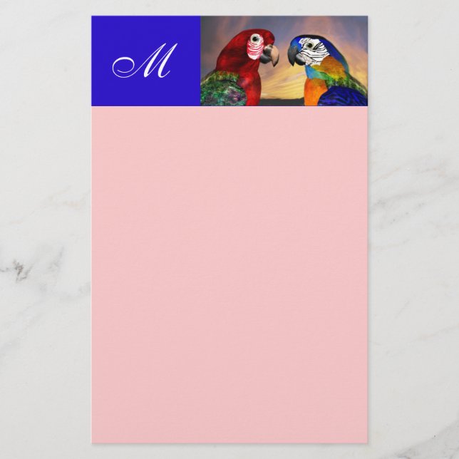 HYPER PAPAGAJER / RÖD OCH BLÅ ARA  MONOGRAM rosa Brevpapper (Framsida)