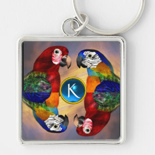 HYPER PARROMS/RED OCH BLUE ARA GEMSTONE MONOGRAM FYRKANTIG SILVERFÄRGAD NYCKELRING