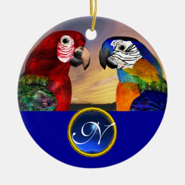 HYPER PARROTS BLUE SAPPHIRE GEM MONOGRAM Kärlek Julgransprydnad Keramik (Framsidan)