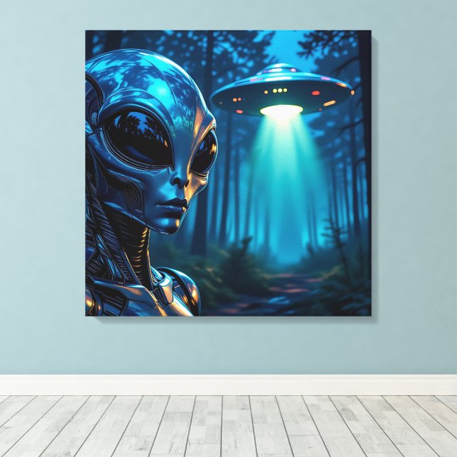 Hyper Realistic Alien och UFO i skogen Canvastryck (Insitu (trägolv))