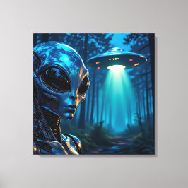 Hyper Realistic Alien och UFO i skogen Canvastryck
