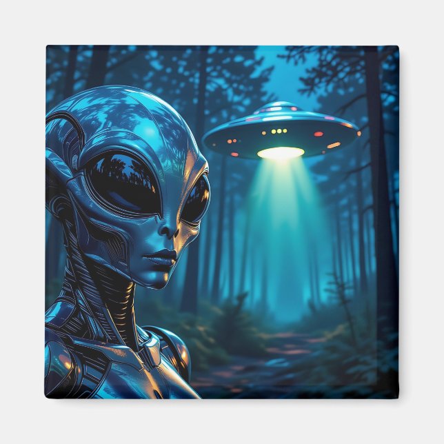 Hyper Realistic Alien och UFO i skogen Magnet (Framsidan)