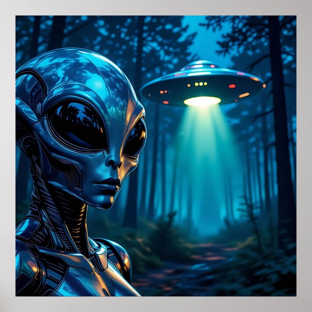 Hyper Realistic Alien och UFO i skogen Poster (Framsidan)