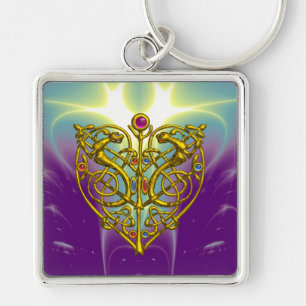 HYPER VALENTINE/ GULD CELTIC KNOT HEART HOS LILA FYRKANTIG SILVERFÄRGAD NYCKELRING