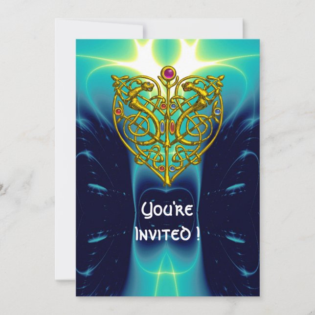 HYPER VALENTINE/GULD CELTISKT HJÄRTA ljus akvablå Inbjudningar (Framsida)