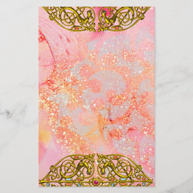 HYPER VALENTINE / GULD CELTISKT HJÄRTA Rosa Glitte Brevpapper (Framsida)