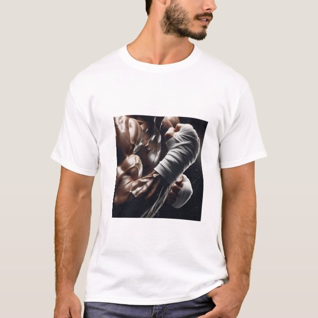 Hyperrealistisk kroppsbyggare boxar händerna insla t shirt (Framsida)
