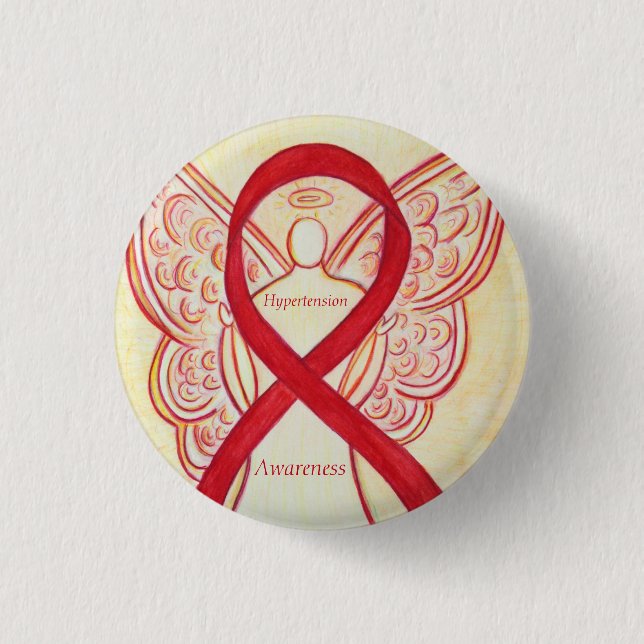 Hypertension (HTN) Medvetenhet Red Ribbon Angel Pi Knapp (Framsida)