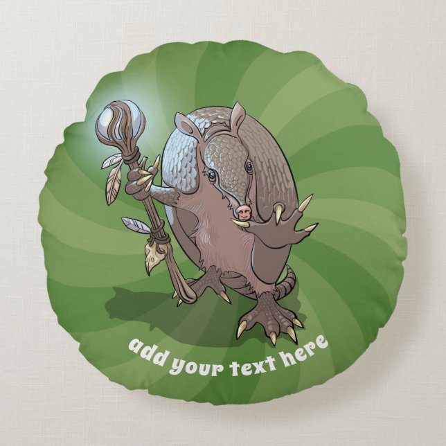 Hypnotic Mystic Armadillo Shaman och personalens T Rund Kudde (Framsidan)