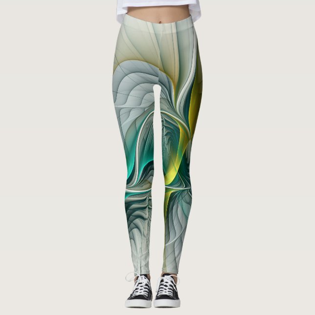 Hypnotis Abstrakt Golden Turcos Teal Fractal Leggings (Framsida)