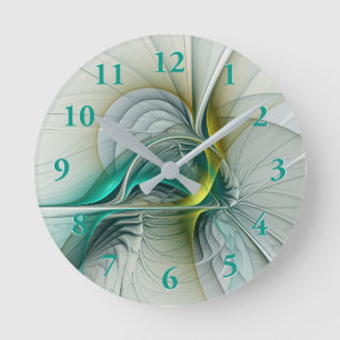 Hypnotis Abstrakt Golden Turcos Teal Fractal Rund Klocka