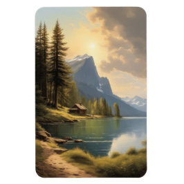 Hytten vid sjö nära bergen magnet