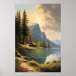 Hytten vid sjö nära bergen poster