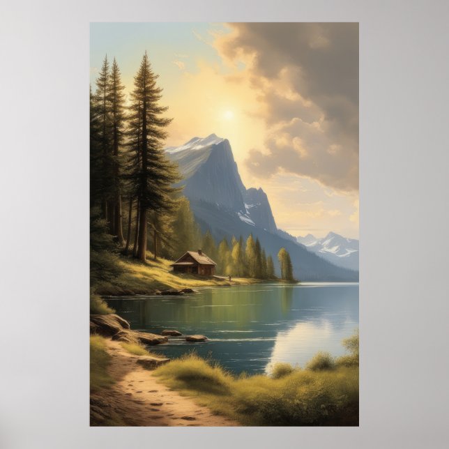 Hytten vid sjö nära bergen poster (Framsidan)
