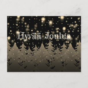 Hyvää Joulua Guld Starry Night Snowfall Träd Vykort