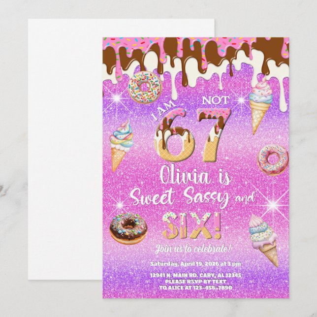 I am 6 not 7 girl 6th birthday invitation. inbjudningar (Fram/baksida)