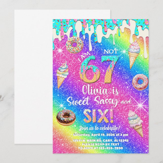 I am 6 not 7 girl 6th birthday invitation. inbjudningar (Fram/baksida)