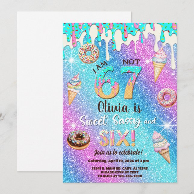 I am 6 not 7 girl 6th birthday invitation. inbjudningar (Fram/baksida)