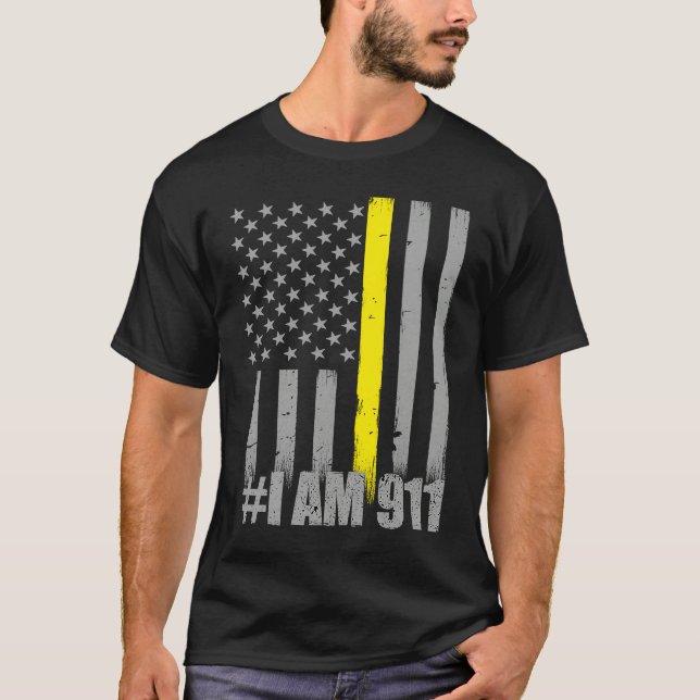 I Am 911  Thin Gold Line Flag  Police Dispatcher T Shirt (Framsida)