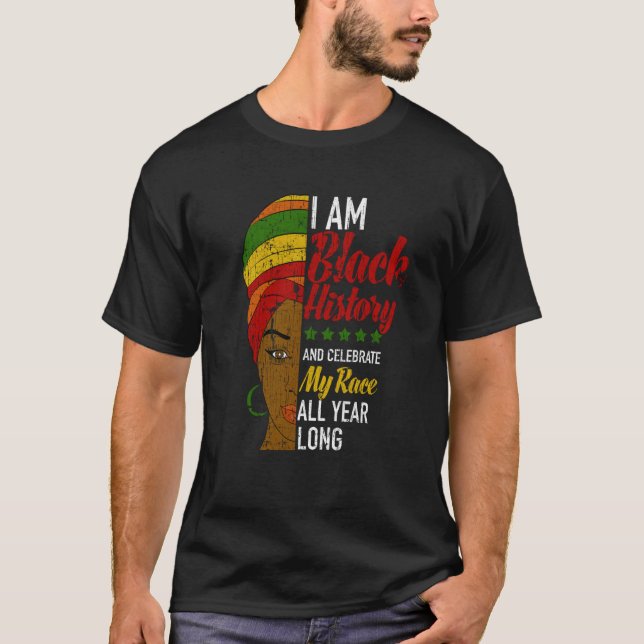 I Am Black All Year Long Afrocentric Turban Black  T Shirt (Framsida)