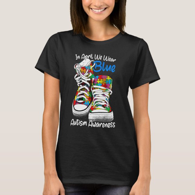 I April Bär Vi Blå Autism Medvetenhet Pusselsko T Shirt (Framsida)