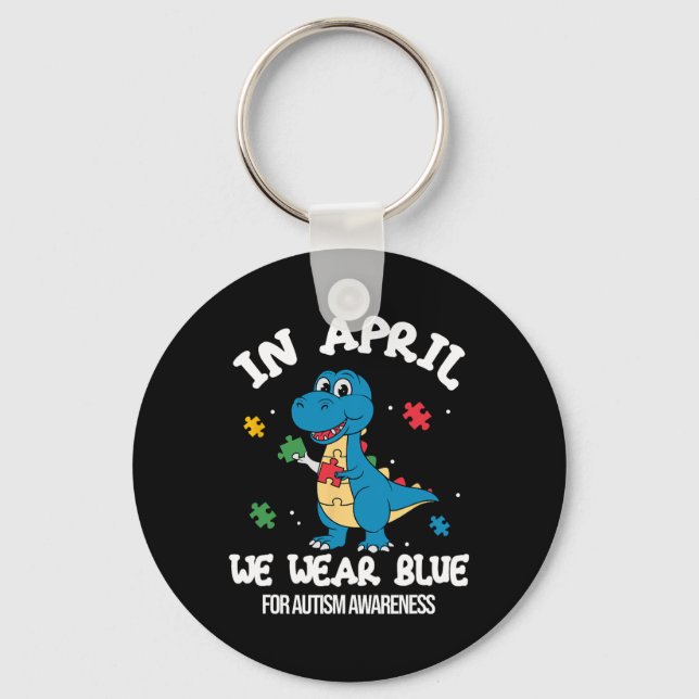 I April Bär Vi Blå Dinosaur Autism Medvetenhet  Nyckelring (Framsida)