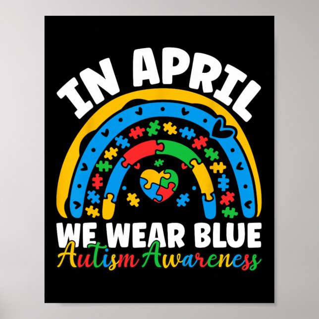 I April Bär Vi Blått Autismmedvetenhet Månad Regn Poster (Framsidan)