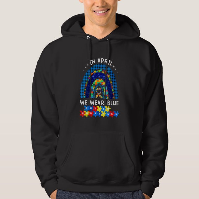 I april Bära vi Blue Autism Awareness Rainbow Puz Hoodie (Framsida)