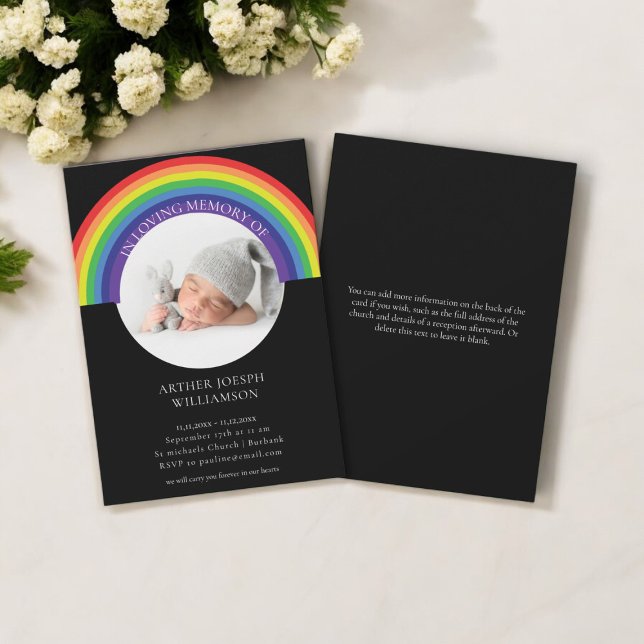 i att älska minnesregnbåge vid baby begravning, mo inbjudningar (child infant los, funeral memorial invitation , modern photo )