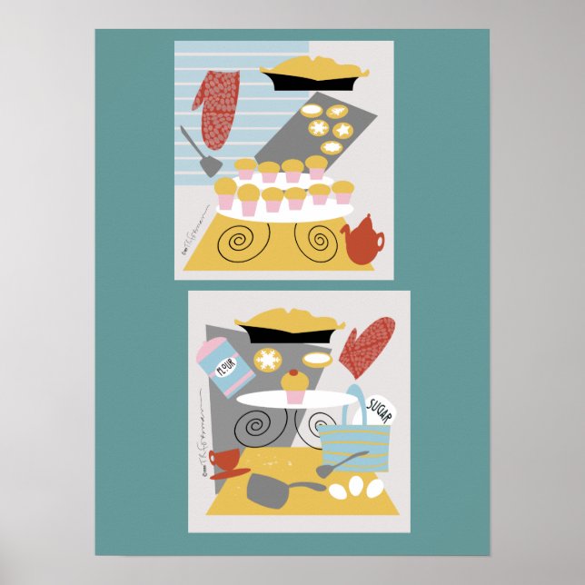 'I bake' 2 retroillustrationer Skriv ut Poster (Framsidan)