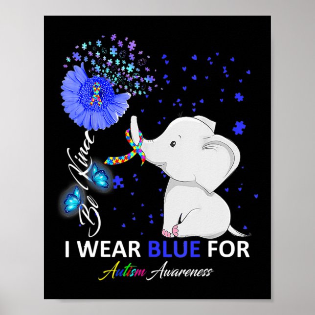I Bära Blue Autism Awareness Cute Elephant Sunflow Poster (Framsidan)