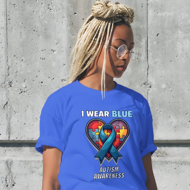 I Bära Blue Autism Awareness - Puzzle Heart Ribbon T Shirt (I Wear Blue Autism Awareness T-Shirt - Puzzle Heart & Ribbon Design.)