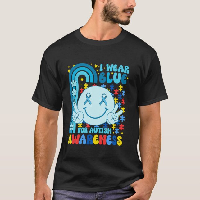 I Bära Blue for Autism Awareness Månad Smile Ansik T Shirt (Framsida)