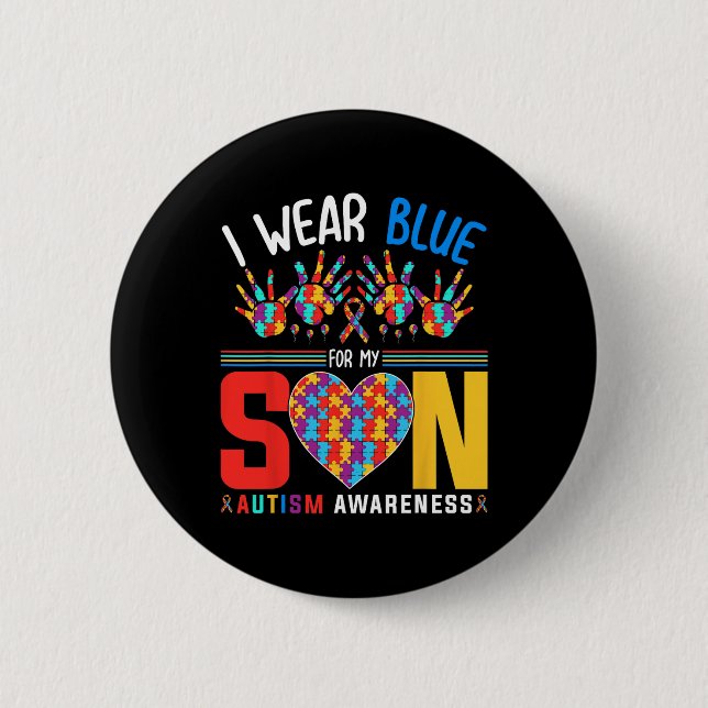 I Bära Blue for My Son Autism Awareness Puzzle Hea Knapp (Framsida)