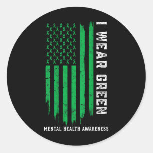 I Bära Grönt Ribbon American Flagga Mental Health Runt Klistermärke