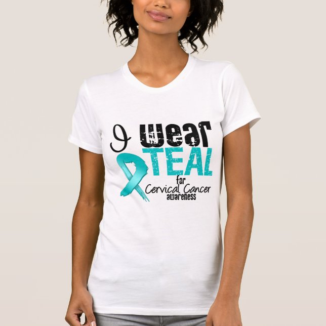 I Bära Teal Ribbon for Cervical Cancer Awareness T-shirt (Framsida)