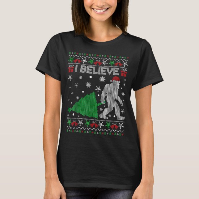 I Believe Big Foot Sasquatch Christmas  T Shirt (Framsida)