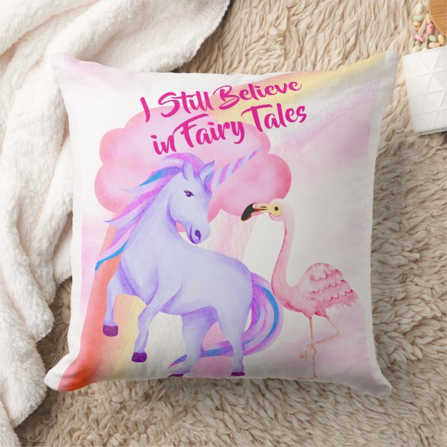 I Believe in Fairytales Unicorn Rainbow Flamingo Kudde (Filt)