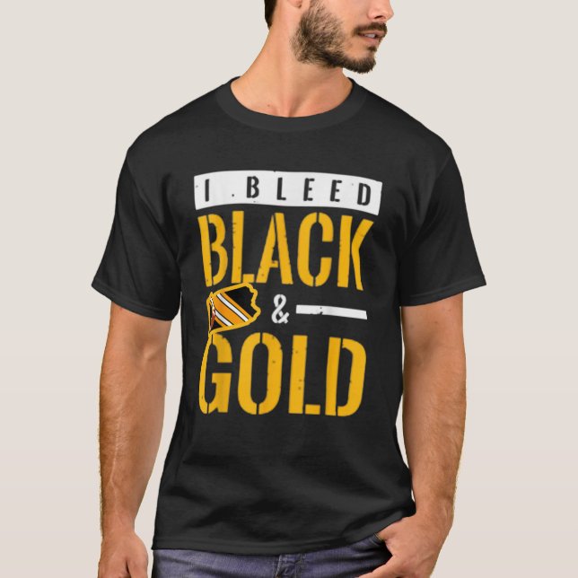 I Bleed Black and Guld Game Day School Footb T Shirt (Framsida)