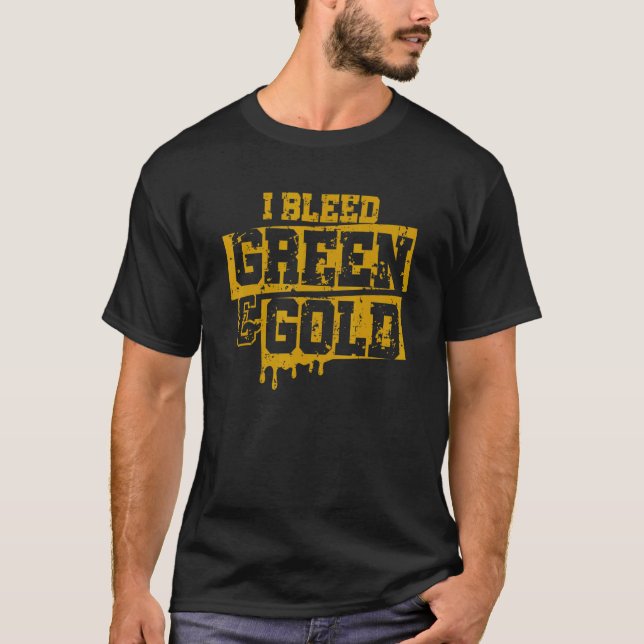 I Bleed Grönt and Guld Game Day School Footb T Shirt (Framsida)